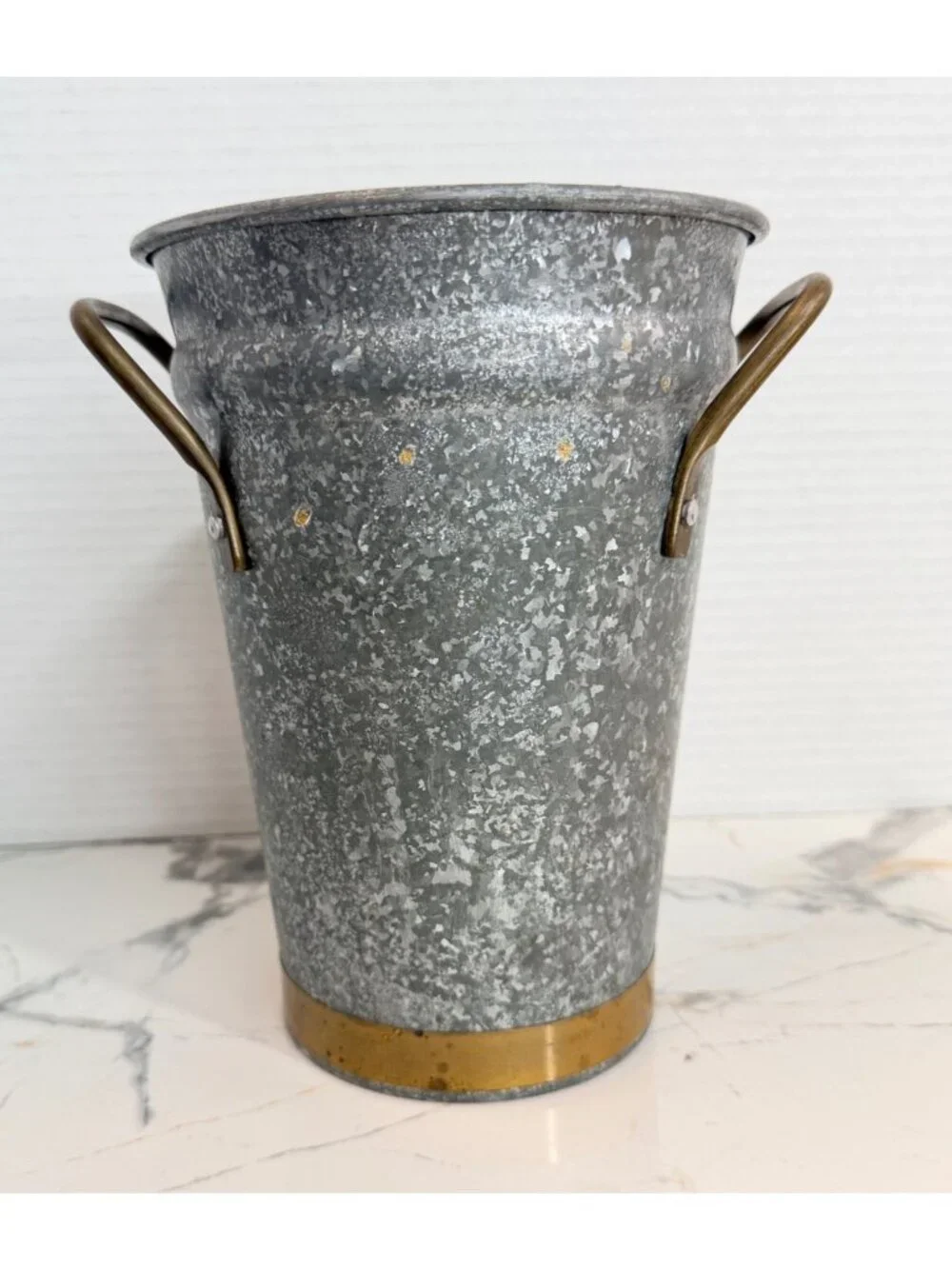 Vintage Galvanized French Flower Bucket Vase Brass Handles Rim Made in Slovakia